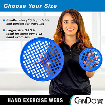 CanDo Hand Exercise Webs for Physical Therapy, Grip Strengthening, and Hand, Finger, Wrist Resistance Workouts, Portable Size, Low Powder, 14" Diameter, Blue: Heavy