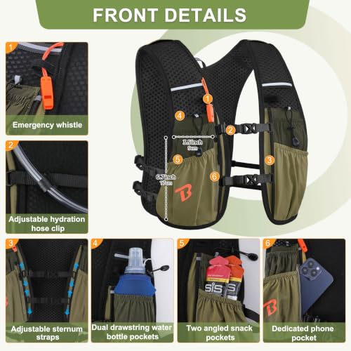 BECOJADDE Running Vest for Women Men, 5L/6L Lightweight Hydration Backpack Running Pack for Marathon, Trail, Cycling, Hiking, Jogging - color: Olive Green