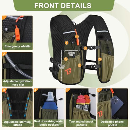 BECOJADDE Running Vest for Women Men, 5L/6L Lightweight Hydration Backpack Running Pack for Marathon, Trail, Cycling, Hiking, Jogging - color: Olive Green