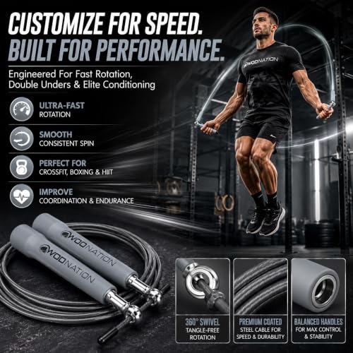 WOD Nation Adjustable Speed Jump Rope For Men, Women & Children - Blazing Fast Fitness Skipping Rope Perfect for Boxing, MMA, Endurance - color: Grey