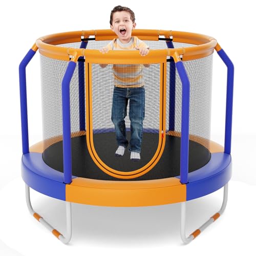 GYMAX Trampoline for Kids, 48” Toddler Trampoline with Enclosure Net, Non-Slip Handrail & Anti-Slip Foot Pads, Mini Kids Trampoline for Indoor/Outdoor, Backyard, Birthday Gift for Boys Girls