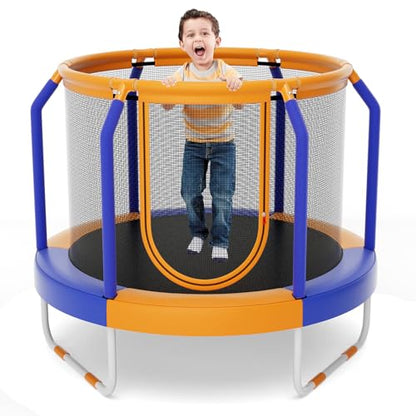 GYMAX Trampoline for Kids, 48” Toddler Trampoline with Enclosure Net, Non-Slip Handrail & Anti-Slip Foot Pads, Mini Kids Trampoline for Indoor/Outdoor, Backyard, Birthday Gift for Boys Girls