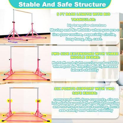 MARFULA Gymnastic Kip Bar for Kids Teens Ages 3-25 of All Gymnastic Levels - color: Pink(5 Ft Base)