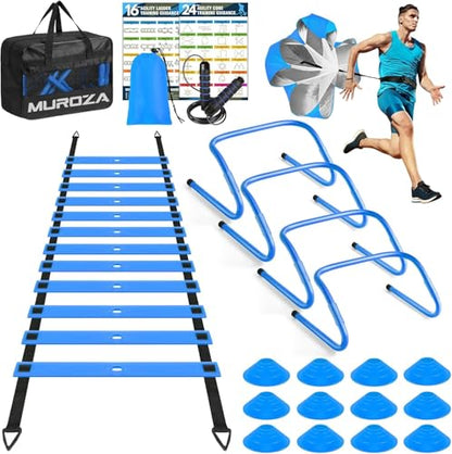 Agility Ladder & Soccer Goal Training Set, 20ft Speed Ladder with Cones, Hurdles, Jump Rope & Parachute, Plus 2 Pack Pop Up Kids Soccer Goals with Ball & Cones for Backyard Sports Practice