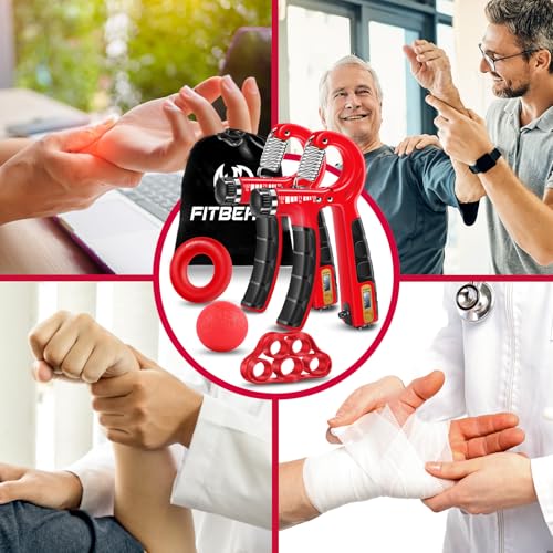FitBeast Hand Grip Strengthener Workout Kit (5 Pack), 2 Forearm Grip Adjustable Resistance Hand Gripper, Finger Stretcher, Grip Ring & Stress Relief Grip Ball for Athletes - color: Crimson