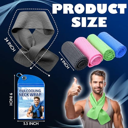4 Pcs Cooling Towel PVA Cooling Neck Wraps Instant for Neck 34x4 in Long Lasting Reusable Breathable Chilly Towel for Yoga Sport Running Gym Workout Camping Fitness(Blue,Green,Red,Grey)