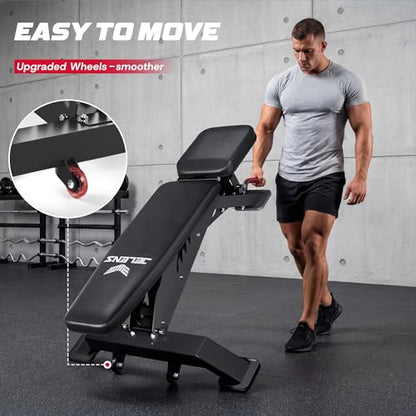 WB02 Adjustable Weight Bench for Home Gym, 660LBS Flat/Incline Workout Bench Press with Fast Adjustment, Thick Cushion, Silent Wheels for Strength Training
