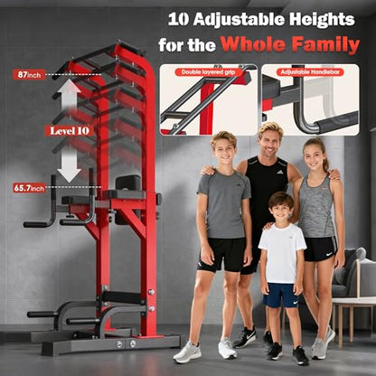 DlandHome Power Tower Pull Up Bar Station, Heavy Duty Adjustable Height for Home Gym Strength Training Equipment 330LBS Weight Capacity, Pull Up Dip Station - color: Red