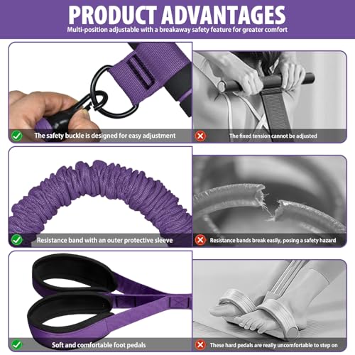 Pedal Resistance Band with Handle, 3 Tube Adjustable Resistance Bands for Abdomen, Upgraded Exercise Equipment with Soft Foot Pedal for Abs Arm Leg Waist Workout, Core Pilates (Purple)
