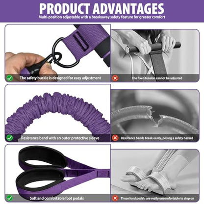 Pedal Resistance Band with Handle, 3 Tube Adjustable Resistance Bands for Abdomen, Upgraded Exercise Equipment with Soft Foot Pedal for Abs Arm Leg Waist Workout, Core Pilates (Purple)
