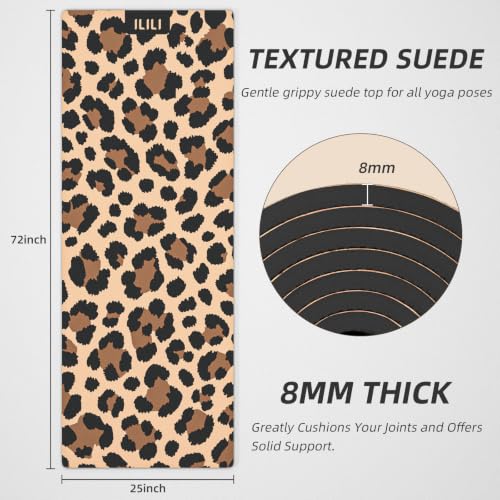 ILILI Yoga Mat Leopard Print Yoga Mat 8mm, Suede & TPE Thick Exercise Mat, Workout Mat for Women Men, 72''x25'' Fitness Mat with Strap for Home Gym, Yoga, Pilates, Stretching