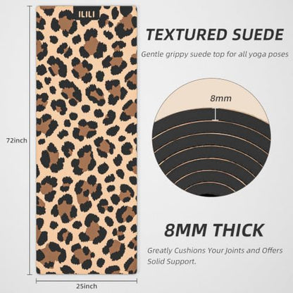ILILI Yoga Mat Leopard Print Yoga Mat 8mm, Suede & TPE Thick Exercise Mat, Workout Mat for Women Men, 72''x25'' Fitness Mat with Strap for Home Gym, Yoga, Pilates, Stretching