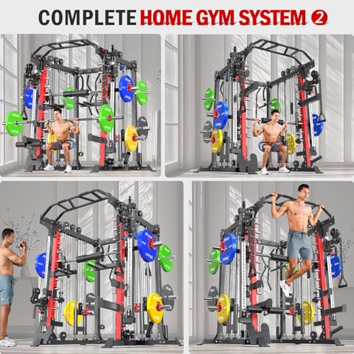 Smith Machine，Multi-Function Squat Rack Power Cage with Cable Crossover System,with Optional Weight Bench, Olympic Barbell Weight Set, for Home Gym