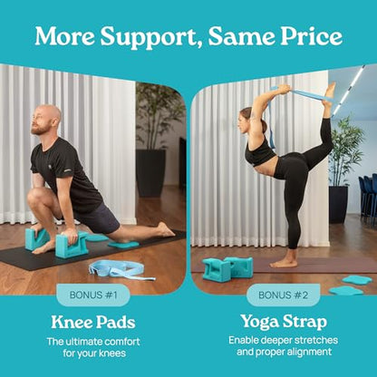 PRO Yoga Blocks | Ergonomic Yoga Block 2 Pack for Wrist Comfort and Support | EVA Foam Exercise Blocks, 2x Knee Pads & Yoga Strap | Pilates Block Set | Bricks to Eliminate Wrist Pain - color: Blue