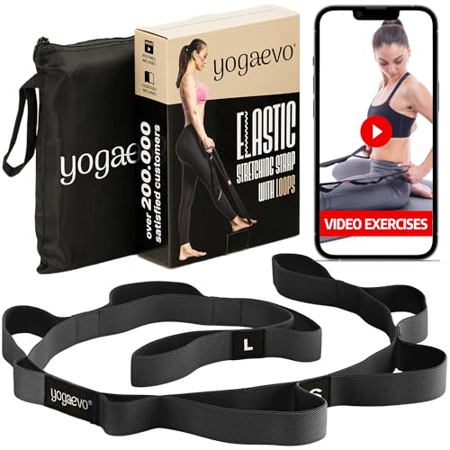 YOGA-EVO Elastic Stretching Strap with Loops for Physical Therapy - Stretch & Activate Muscles - Increase Mobility & Recovery - Soft Cotton & Spandex - Includes Carrying Pouch & Video Exercises - color: Black