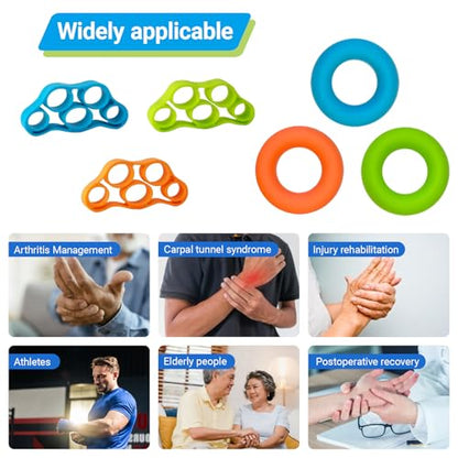 Hand Grip Strengthener Rings Kit - Finger Stretcher Resistance Bands for Hand Exercise, Rehab, Arthritis Relief, Stress & Anxiety Fidget Tool, Set of 3