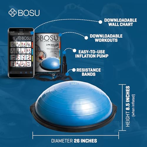 BOSU Pro Balance Trainer, Half-Ball Training Equipment, 300 lb Capacity, Stability Exercise Tool with Resistance Bands Non-Slip Base - color: Blue