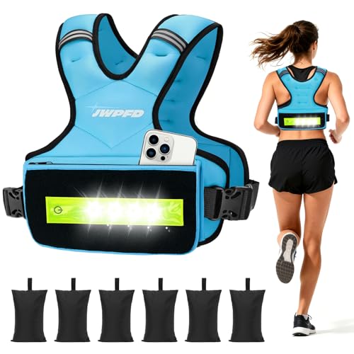 Adjustable Weighted Vest for Women Men, 6-15 Lbs/12-18 Lbs Rucking Vest with LED Light Strips, Weight Vest with 6 Ironsand Weights, and Zipper Pocket for Strength Training, Walking, Running