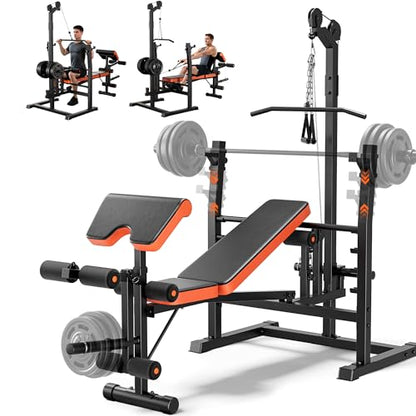 9-in-1 Adjustable Olympic Weight Bench with Lat Pulldown, Row, Squat Rack & Leg Curl – Multi-Function Strength Training Bench Press for Home Gym Full Body Workout