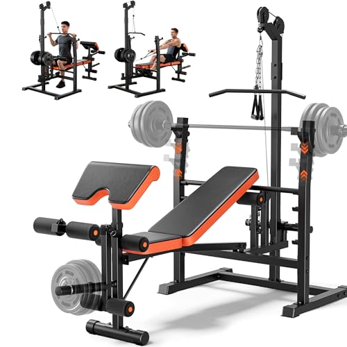 9-in-1 Adjustable Olympic Weight Bench with Lat Pulldown, Row, Squat Rack & Leg Curl – Multi-Function Strength Training Bench Press for Home Gym Full Body Workout