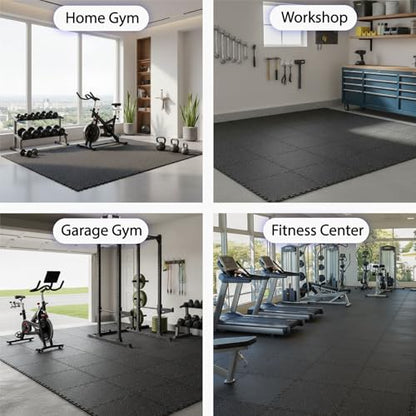 AIRHOP 1'' Ultra-Thick 24 Sq Ft Rubber Top Gym Flooring for Home Gym, 6 Tiles High Density EVA Foam Exercise Mats, Interlocking Puzzle Mats for Home Workout, Floor & Equipment Protection, Black/Blue