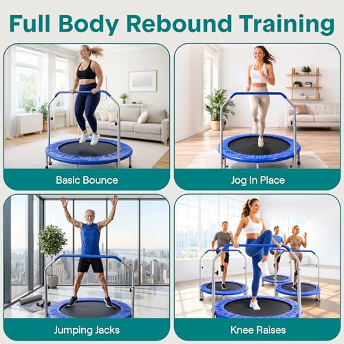 SereneLife 40" Foldable Mini Trampoline for Adults - Compact Fitness Rebounder with Adjustable Foam Handle, Exercise Trampoline with Max Load 330lbs, Indoor/Garden Whole-Body Workout - color: Deep Blue