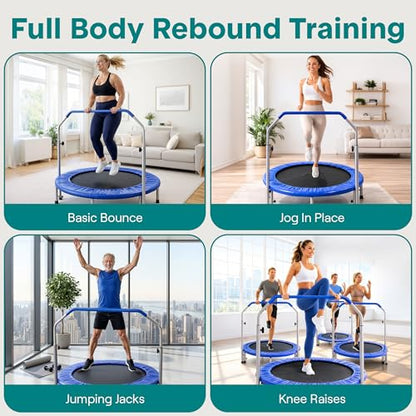 SereneLife 40" Foldable Mini Trampoline for Adults - Compact Fitness Rebounder with Adjustable Foam Handle, Exercise Trampoline with Max Load 330lbs, Indoor/Garden Whole-Body Workout - color: Deep Blue