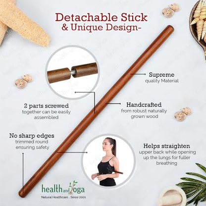 HealthAndYoga™ StretchNHeal Collapsible Multi-Use Wooden Yoga Stick - Regular and XL - Portable Posture Corrector Pole, Stretch Mobility Stick, Physical Workout Exercise Dowel - size: Regular - 26" without Sleeve