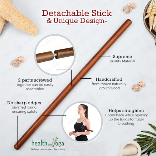 HealthAndYoga™ StretchNHeal Collapsible Multi-Use Wooden Yoga Stick - Regular and XL - Portable Posture Corrector Pole, Stretch Mobility Stick, Physical Workout Exercise Dowel - size: Regular - 26" without Sleeve