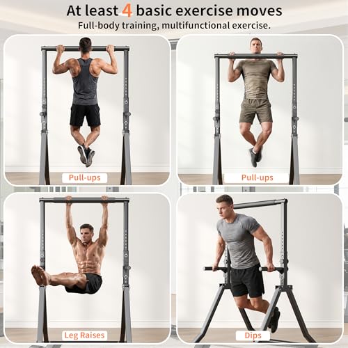 Foldable Power Tower Dip Station for Pull Ups, 58.3"-76.8" 12 Level 700 LBS, Adjustable Dip Handles & Assistance Bands Foldable Home Gym Equipment - color: 58.3"-76.8" with Dual Dip Handles