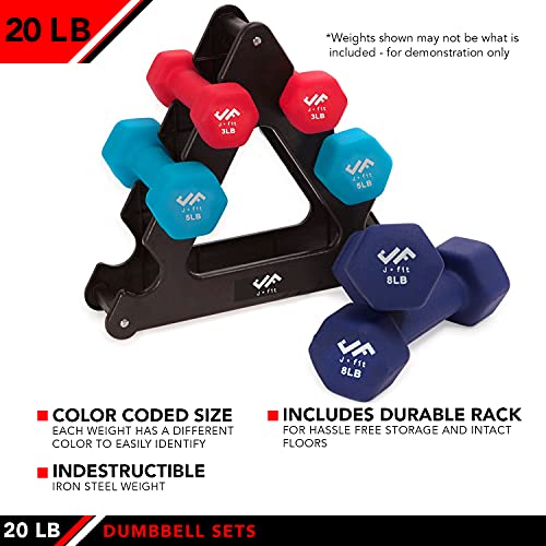 JFIT Dumbbell Pairs or Sets – Neoprene & Vinyl Coated Hand Weights for Home Gym, Strength Training, Aerobics, Cardio Exercise and Fitness - size: 20 lbs (Pair), style: Dumbbell Set with Rack
