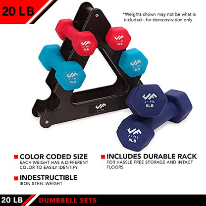 JFIT Dumbbell Pairs or Sets – Neoprene & Vinyl Coated Hand Weights for Home Gym, Strength Training, Aerobics, Cardio Exercise and Fitness - size: 20 lbs (Pair), style: Dumbbell Set with Rack