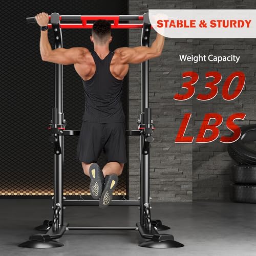 DlandHome Pull Up Bar Power Tower Dip Station, Height Adjustable Heavy Duty Workout Dip Stand, Multi-Functional Strength Training Machine for Men Women Home Gym - color: Black with Ropes