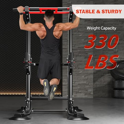 DlandHome Pull Up Bar Power Tower Dip Station, Height Adjustable Heavy Duty Workout Dip Stand, Multi-Functional Strength Training Machine for Men Women Home Gym - color: Black with Ropes