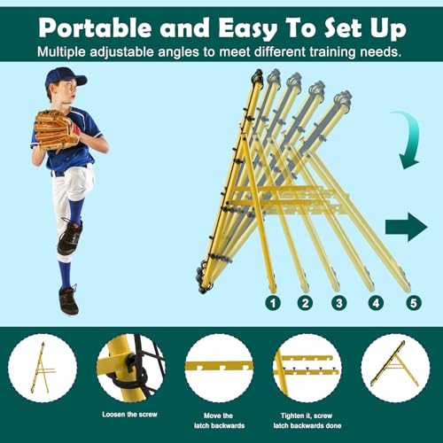 LIANTRAL Baseball Rebounder Net, Adjustable Bounce Back Trainer for Soccer, Volleyball, Softball, Portable Folding Rebounder for Passing & Shooting Practice, Volleyball Rebound Net for Kids, Yellow