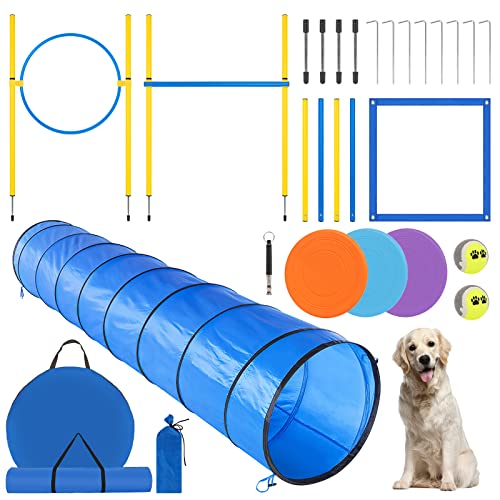 Dog Agility Course Backyard Set - Agility Training Equipment for Dogs Starter Kit-Pet Outdoor Games with Tunnel, Weave Poles, Adjustable Hurdle, Jump Ring, Pause Box, Toys and Carrying Bag