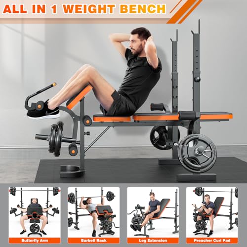 XDDIAS Bench Press, 6 IN 1 Olympic Weight Bench With Leg Extension, Curl and Squat Rack, 770LBS Multi Weight Benches for Home Gym, Workout Bench Flat Incline Lifting Bench for Strength Training
