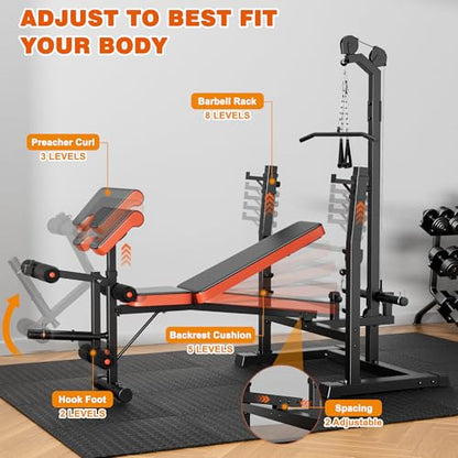 XDDIAS Weight Bench Set, 9 in 1 Olympic Weight Bench with LAT Pulldown and Rowing, 900LBS Bench Press Set with Leg Extension and Preacher Pad, Flat Incline Bench for Weight Lifting Full-Body Workout - color: Bench+70LBS plates
