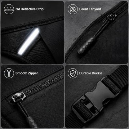 Simptech Running Belt Bag - Lightweight Reflective Waist Fanny Pack for Men Women, Quick-Dry 3-Pocket Running Gear with Phone Holder for Hiking Cycling Travel Essentials (Black)