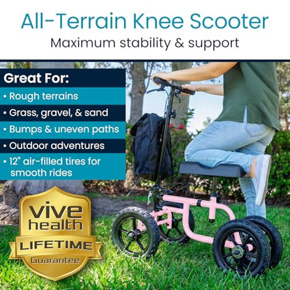 Vive Mobility All Terrain Knee Scooter Walker for Foot Injuries - Adult Broken Leg Crutch Cart Roller for Surgery, Broken Foot, Ankle Injury - Kneeling Rolling Steerable Seated Wheel Scooter Aid - color: Pink