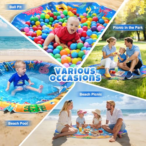 4.9 X 4.9 Feet Baby Beach Pool, Waterproof Beach Pool Blanket for Toddler, 2 in 1 Toddler Paddling Pool with Carrying Bag, Collapsible Beach Puddle Mat for Boys Girls Kids Infant Outdoor Beach Toys - color: Ocean Blue-3