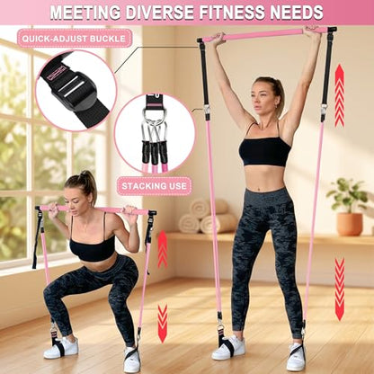 Portable Pilates Bar Kit with Resistance Bands for Men and Women - 3 Set Exercise Resistance Bands - Multifunctional Home Gym - Supports Full-Body Workouts – with Fitness Poster and Video