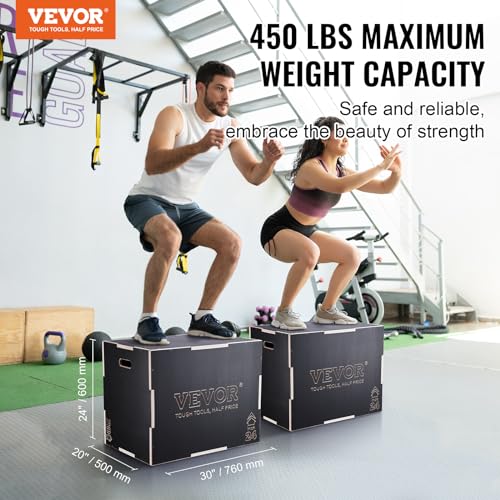 VEVOR 3 in 1 Plyometric Jump Box, Easy-to-Assemble Wood Plyo Box for Jumping Trainers, Home Gym Training and Conditioning