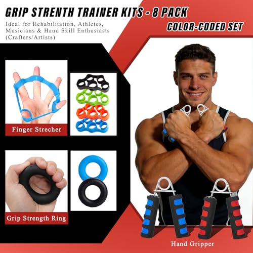 Hand Grip Strengthener Set 8 Pack, 2 Foam Grippers, 4 Finger Exercisers, 2 Grip Rings, Wrist Forearm Exerciser for Hand Strength, Finger Strength, Physical Therapy & Stress Relief