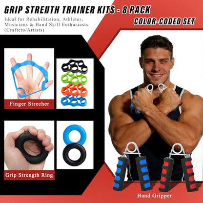 Hand Grip Strengthener Set 8 Pack, 2 Foam Grippers, 4 Finger Exercisers, 2 Grip Rings, Wrist Forearm Exerciser for Hand Strength, Finger Strength, Physical Therapy & Stress Relief