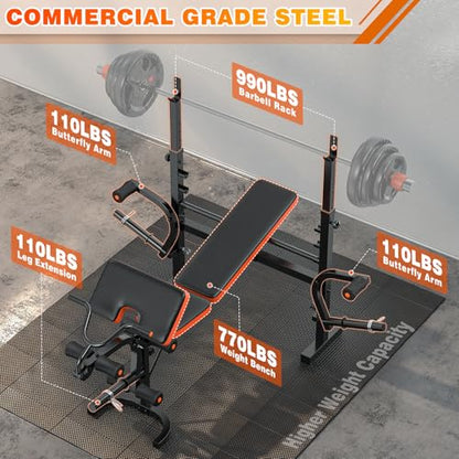 XDDIAS Bench Press, 6 IN 1 Olympic Weight Bench With Leg Extension, Curl and Squat Rack, 770LBS Multi Weight Benches for Home Gym, Workout Bench Flat Incline Lifting Bench for Strength Training