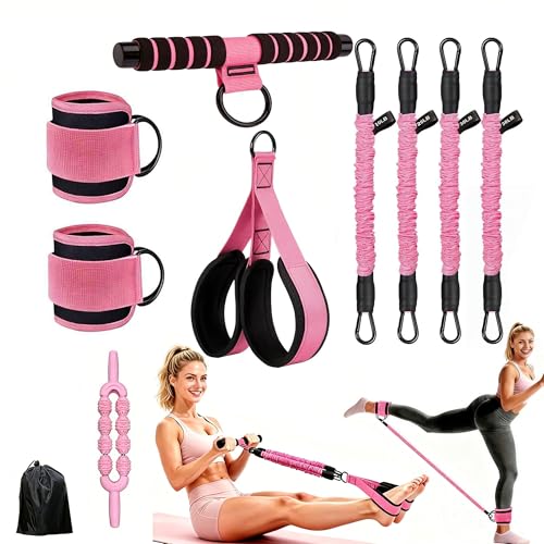 Pedal Resistance Band with Handle, 4 Fabric Covered Tubes 10-90 lbs Exercise Bands with Ankle Straps, Includes Massage Roller & Carry Bag, Full Body Home Gym Workout Equipment for Women and Men