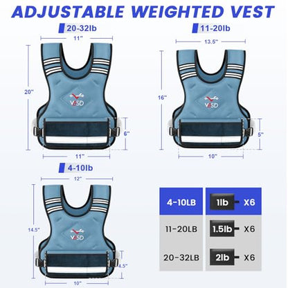Adjustable Weighted Vest for Women Men 4-10lb/11-20lb/20-32lb Vest with 6 Ironsand Weights Body Weight Vest with Reflective Strip for Running Walking Strength Training Workouts