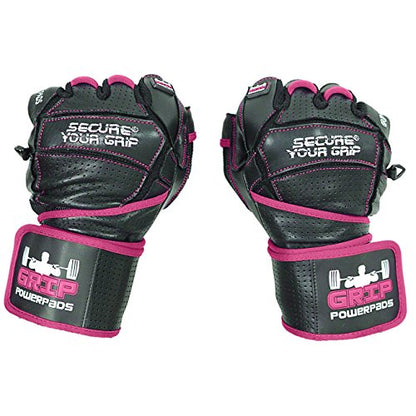 Grip Power Pads Leather Gym Gloves for Women – Built-in 2" Wrist Wraps, Pink Weightlifting, Powerlifting, Bodybuilding Workout