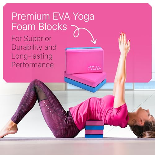 Yoga Blocks 2 Pack with Strap & Guide – Non-Slip EVA Foam Pilates Blocks for Home Workouts, Dance, Ballet, Gymnastics & Stretching Exercise | Ideal Dancer Gifts - color: Pink/Blue & Stretch Band Pink